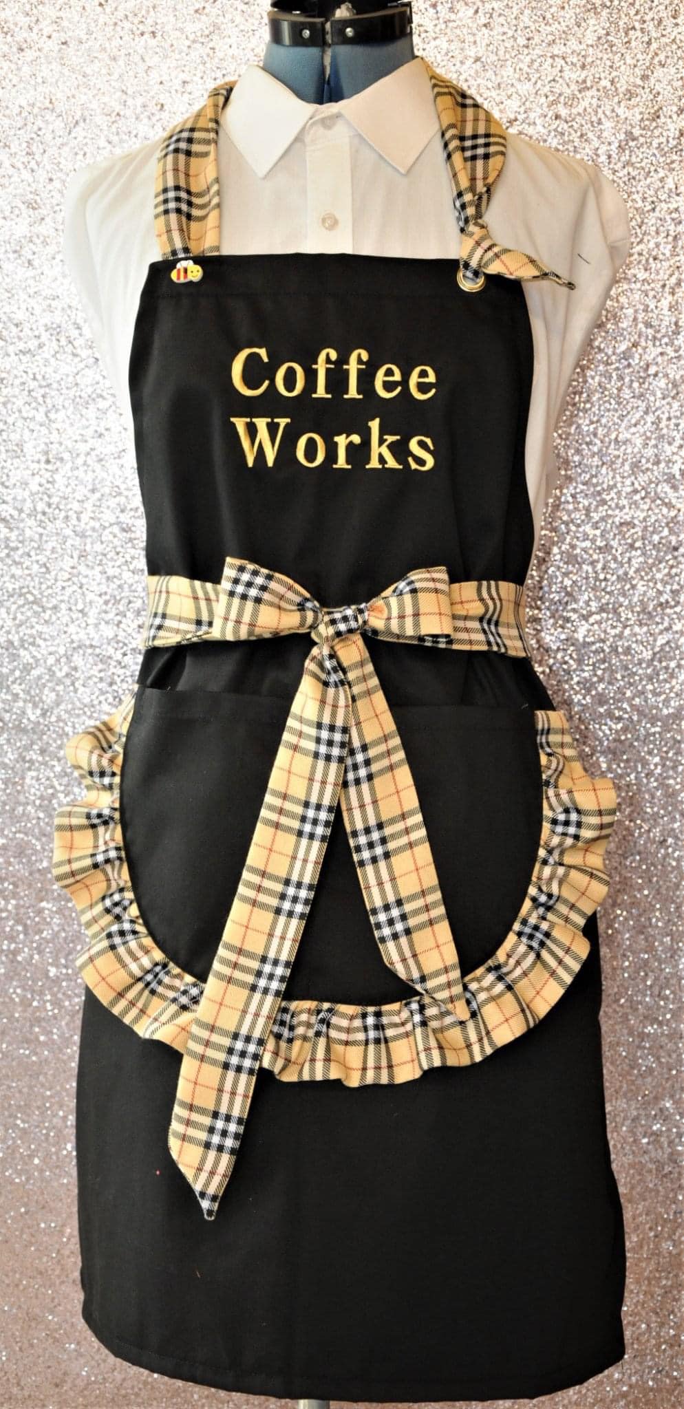 black & tartan handmade catering apron with embroidery.