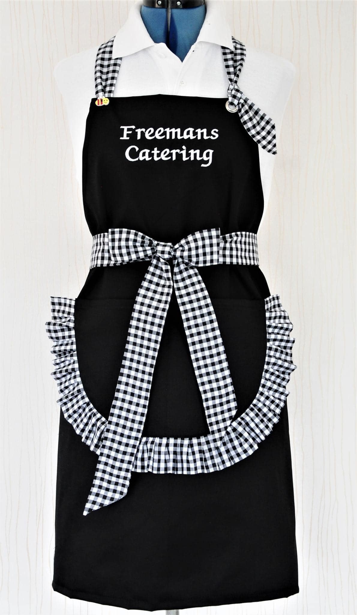 handmade catering apron black and white gingham bow & frill