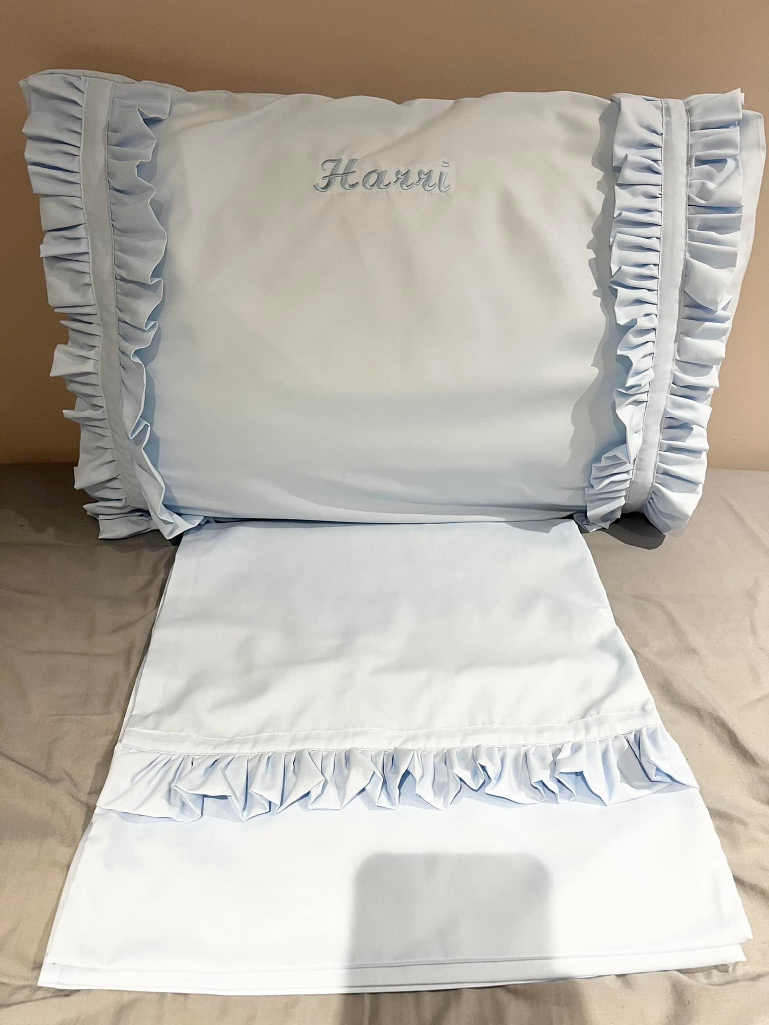 double frill baby blue pram set made to order